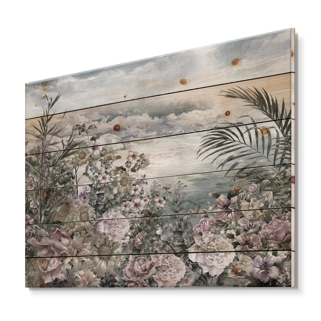 Designart - Retro Flowers By The Sea Side - Vintage Print on Natural Pine Wood